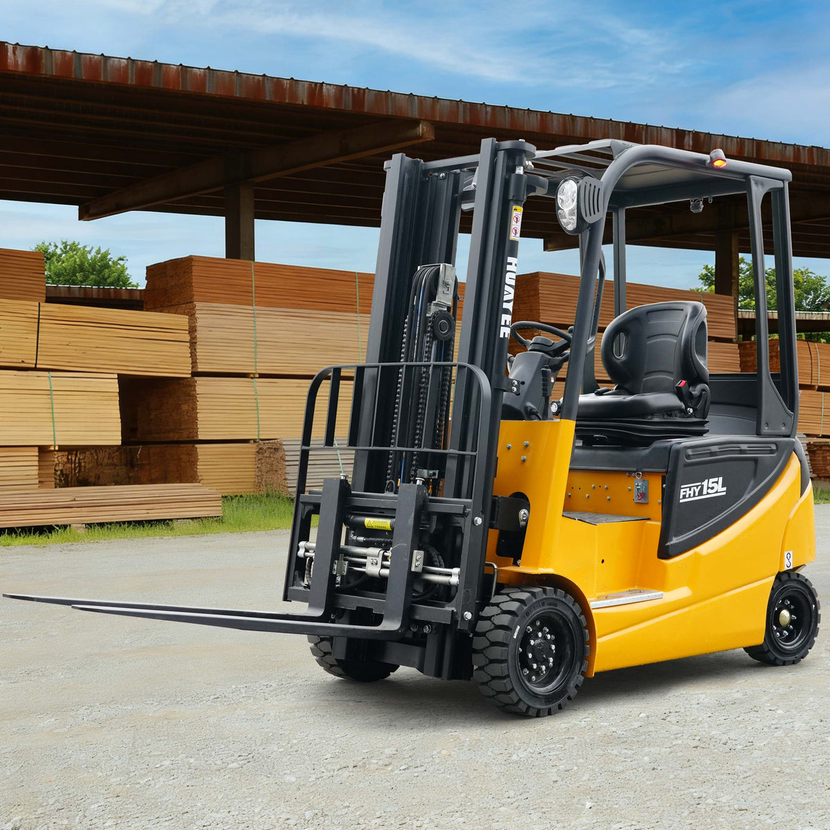 HUAYEE FHY15L 1.5 Ton Electric Forklift – Lithium Powered, 4-Wheel Seated Forklift with 3-Meter Full Free Lift Mast for Containers & Narrow Aisles