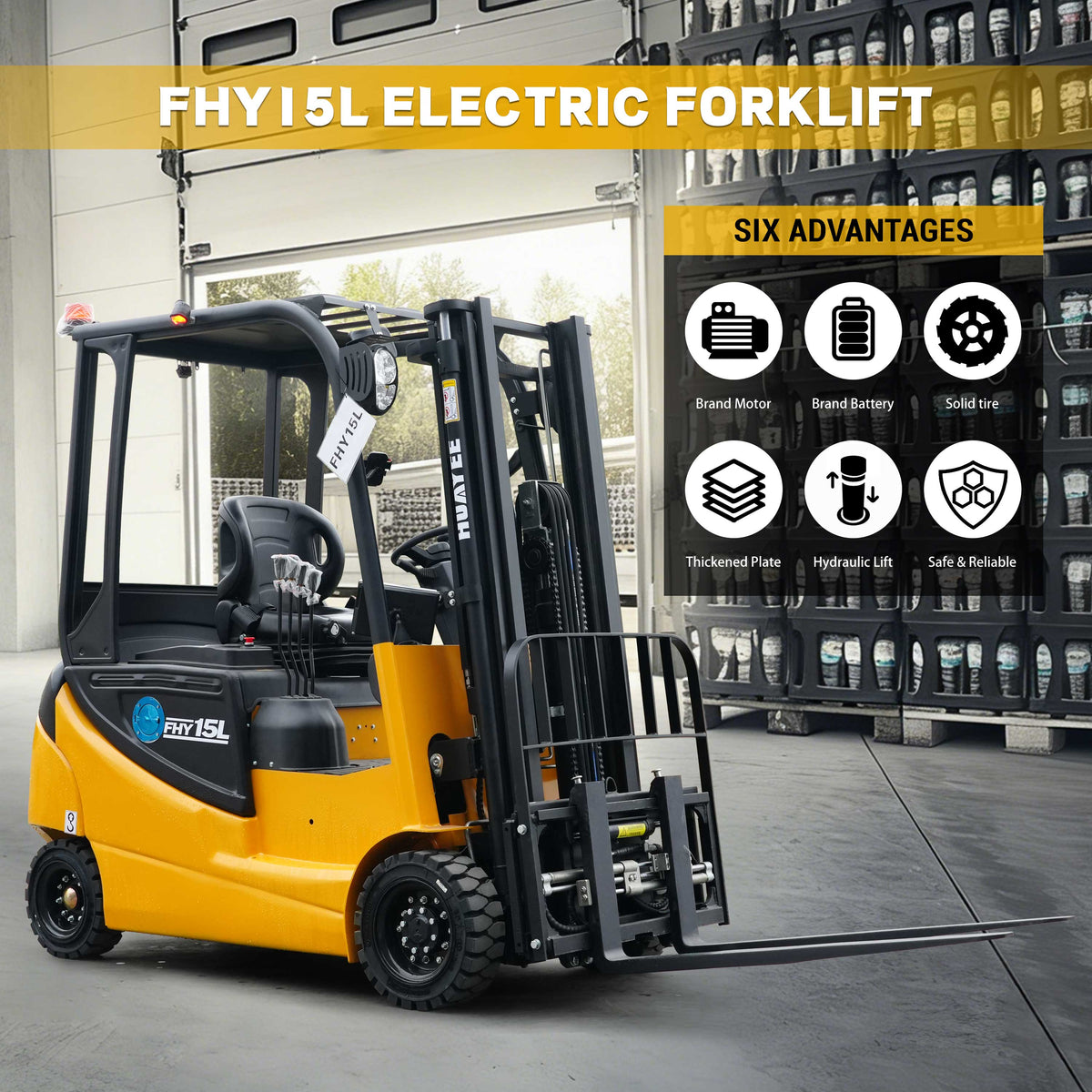 HUAYEE FHY15L 1.5 Ton Electric Forklift – Lithium Powered, 4-Wheel Seated Forklift with 3-Meter Full Free Lift Mast for Containers & Narrow Aisles