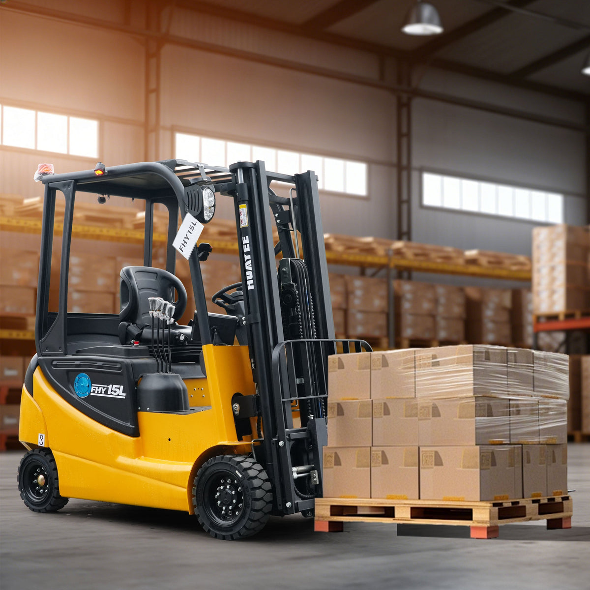 HUAYEE FHY15L 1.5 Ton Electric Forklift – Lithium Powered, 4-Wheel Seated Forklift with 3-Meter Full Free Lift Mast for Containers & Narrow Aisles