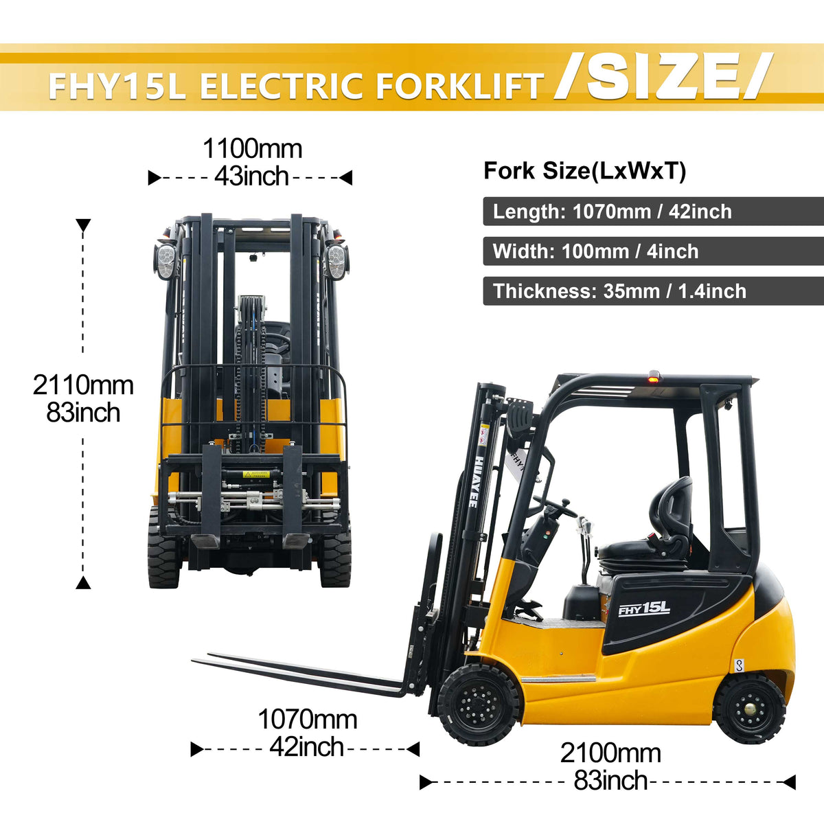 HUAYEE FHY15L 1.5 Ton Electric Forklift – Lithium Powered, 4-Wheel Seated Forklift with 3-Meter Full Free Lift Mast for Containers & Narrow Aisles