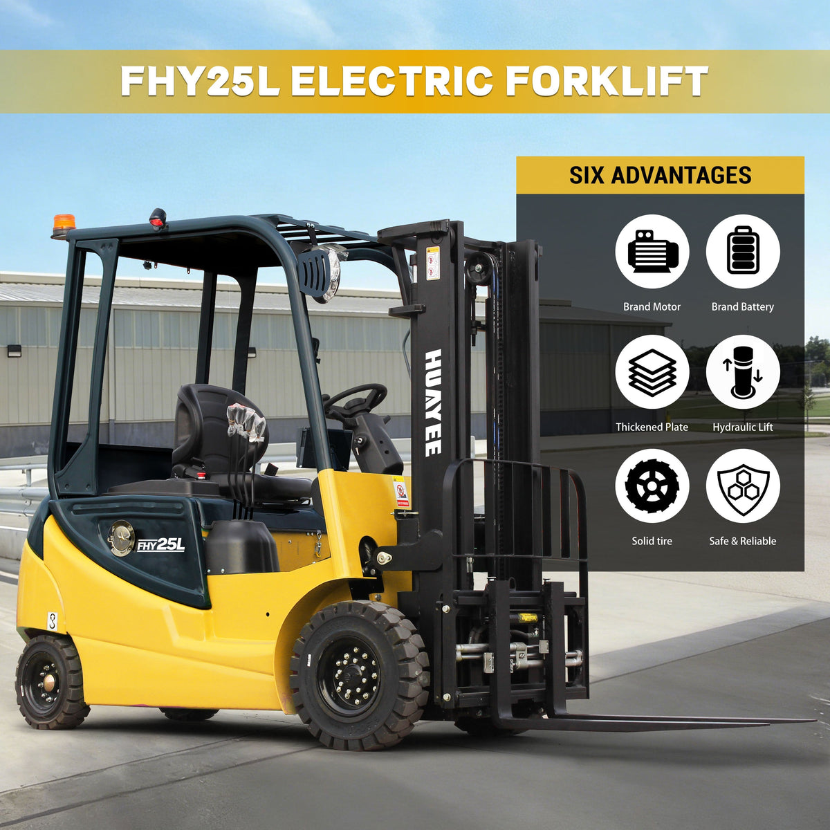HUAYEE FHY25L 2.5 Ton Electric Forklift – Heavy Duty 4-Wheel Lithium Powered Forklift