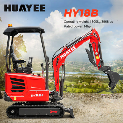 HUAYEE HY18B | Mini Excavator with 14hp Kubota Engine | Hydraulic Thumb, Side Swing & Canopy