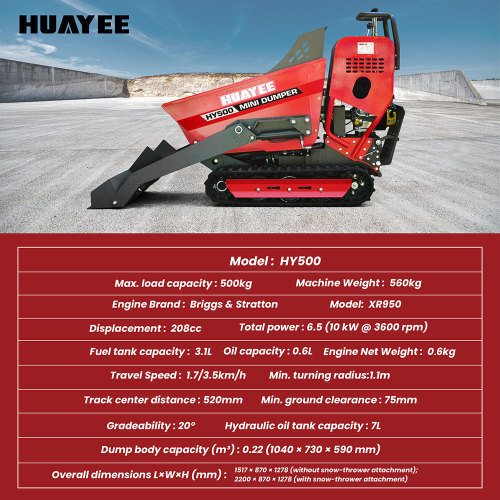 HUAYEE HY500 | 1100Lbs Self-Loading 6.5HP B&S Engine Track Mini Dumper