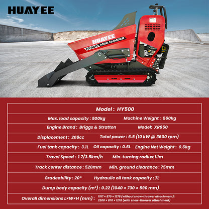 HUAYEE HY500 | 1100Lbs Self-Loading 6.5HP B&S Engine Track Mini Dumper