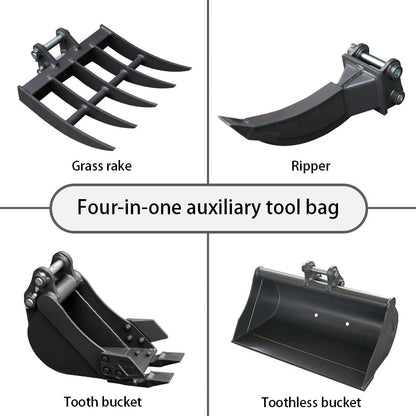 8" Toothed, 32" Toothless Bucket, Rake, Ripper 4-in-1 Set for 2 Ton Mini Excavators | HUAYEE HYE05