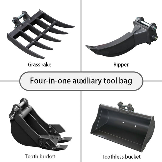 8" Toothed, 32" Toothless Bucket, Rake, Ripper 4-in-1 Set for 2 Ton Mini Excavators | HUAYEE HYE05